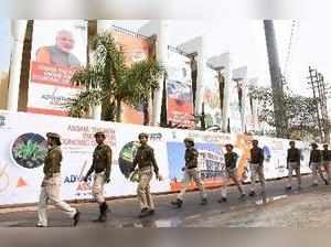 Guwahati: Police personnel arrive to guard at the venue of "Advantage Assam: Glo...