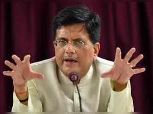 New Delhi: Railway Minister Piyush Goyal gestures during a press conference in N...