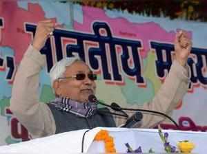 Ara: Bihar Chief Minister Nitish Kumar addresses the gathering at a rally during...