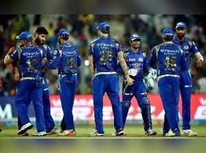 Kolkata: Mumbai Indians cricketers celebrate their win over KKR during IPL Match...