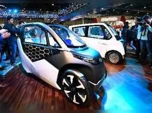 Greater Noida: Mahindra & Mahindra's electric vehicles on display at the compan...