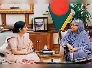 Dhaka: External Affairs Minister Sushma Swaraj with Bangladesh Prime Minister Sh...