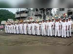 Visakhapatnam: Indian Navy personnel welcome Sri Lanka Navy ships arrive at Visa...