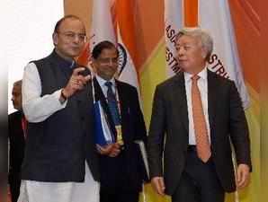 New Delhi: Union Finance Minister Arun Jaitley and AIIB President Jin Liqun spea...