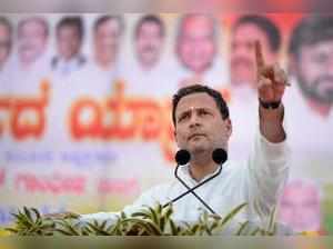 Bidar: Congress President Rahul Gandhi speaks during a public meeting at Basavak...