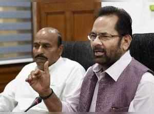 New Delhi: Union Minister for Minority Affairs Mukhtar Abbas Naqvi (R) and Minis...