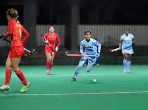 Kakamigahara: India and Chinese women hockey players vie for ball during the wo...
