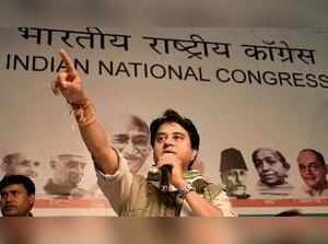 Bhopal: Congress leader Jyotiraditya Scindia gestures as he addresses a press co...