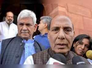 New Delhi: Home Minister Rajnath Singh addresses the media at Parliament during ...