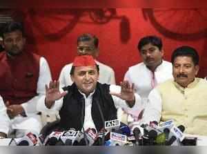 Lucknow: Samajwadi Party President Akhilesh Yadav addresses a press conference i...