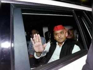 Lucknow: Samajwadi Party president Akhilesh Yadav leaves after attending a meeti...