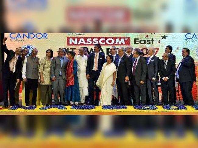 Kolkata: A member of NASSCOM clicks selfie with West Bengal Chief Minister Mamat...