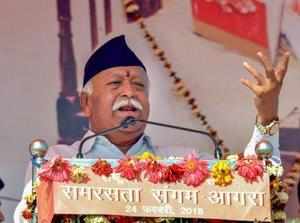 Agra: Rashtriya Swayamsevak Sangh chief Mohan Bhagwat addresses the volunteers d...