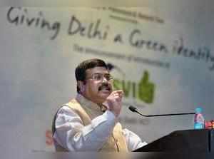 New Delhi: Union Petroleum Minister Dharmendra Pradhan speaks during an event to...