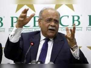 Lahore : Pakistan Cricket Board chairman Najam Sethi addresses a news conference...