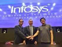 Bengaluru : Newly Appointed Infosys CEO Salil Parekh(C) with CFO Ranganath and C...
