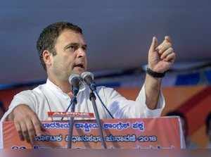 Haveri: Congress President Rahul Gandhi addresses a corner meeting during an ele...