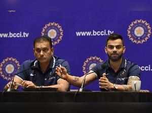 Mumbai: Indian cricket team captain Virat Kohli and coach Ravi Shastri address a...