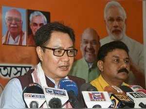 Guwahati: Union Minister of State for Home Affairs Kiren Rijiju addressing a pre...