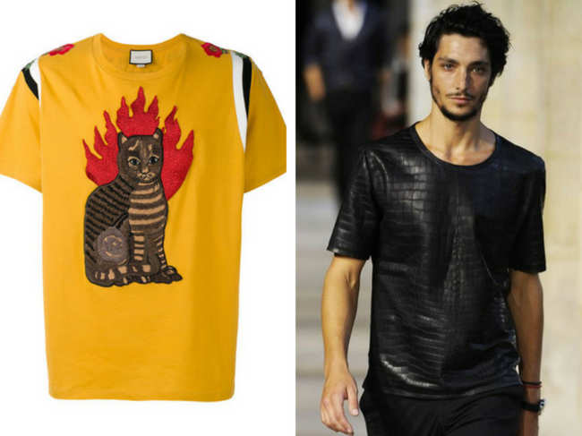 Gucci T-Shirt with a flaming cat and Hermes 2013 croc leather T-Shirt