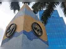 A logo of L&T is pictured outside its Corporate office in Mumbai