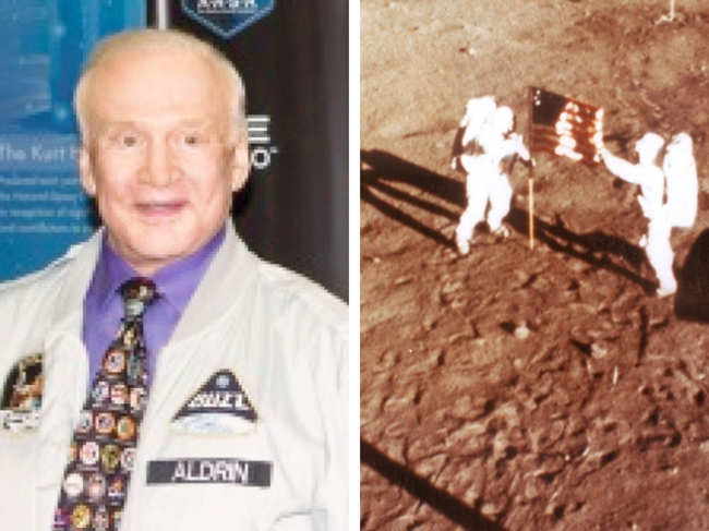 Buzz Aldrin (L) and Nasa's hangout picture of Neil Amstrong and Aldrin planting the flag on the moon