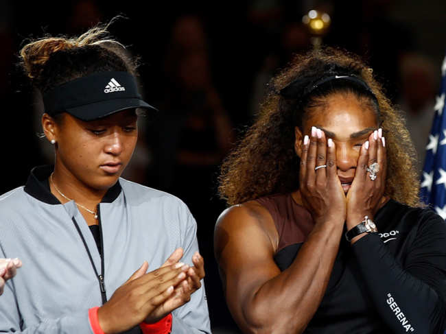 Naomi Osaka and Serena Williams during their 2018 US Open women's singles final match in New York.