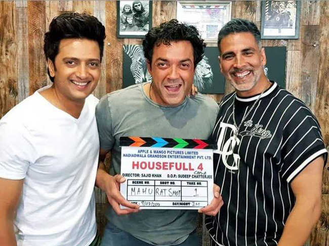 (L-R) Riteish Deshmukh, Bobby Deol and Akshay Kumar during the shooting of 'Housefull 4'