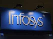 The Infosys logo is seen at the SIBOS banking and financial conference in Toronto
