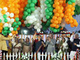 Releasing tri-colour balloons during Dusshera