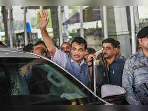 Nagpur: Union Minister Nitin Gadkari, at the airport in Nagpur. Gadkari fainted ...