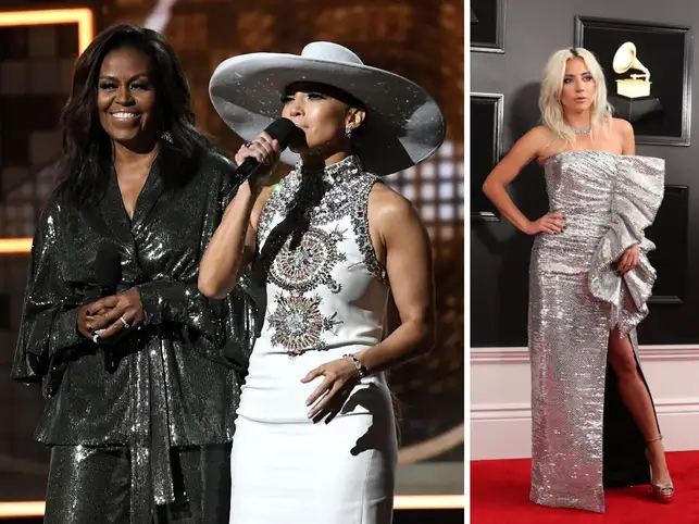 Sparkly, studded and strutting in designer looks, the Grammys parade of often out-there fashion kicked off in a downpour Sunday, but that didn't dampen spirits as the music industry's best showed off their myriad outfits. Sparkly, studded and strutting in designer looks, the Grammys parade of often out-there fashion kicked off in a downpour Sunday, but that didn't dampen spirits as the music industry's best showed off their myriad outfits.