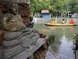 Flooded street at a temple in Bangkok