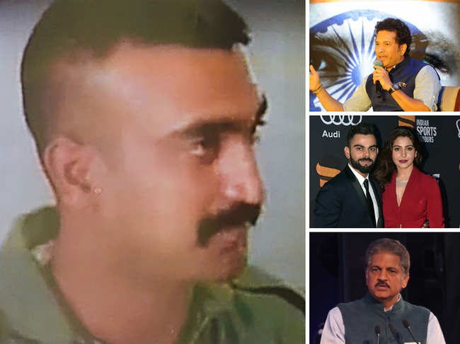 Clockwise from left: Wing Commander Abhinandan Varthaman, Sachin Tendulkar, Virat Kohli and Anushka Sharma, Anand Mahindra.