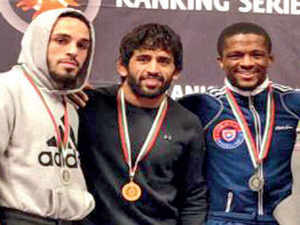 Bajrang Punia (c) with other medal winners