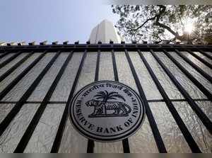 The Reserve Bank of India seal is pictured on a gate outside the RBI headquarters in Mumbai