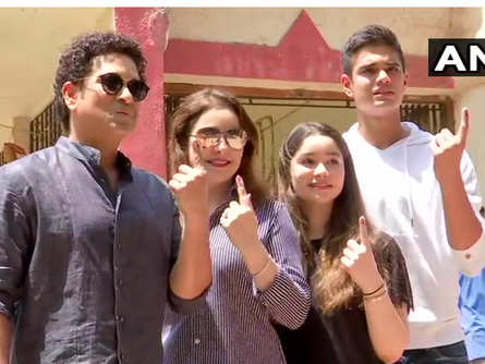 Sachin Tendulkar, wife Anjali, daughter Sara, and son Arjun after casting vote at polling booth in Bandra. Sara and Arjun are first time voters. (ANI)