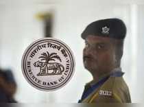 Mumbai: A security personnel stands guard during the RBI's bi-monthly policy rev...