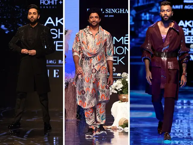 While the women strutted and waltzed down their way down the ramp in dreamy lehengas and bejewelled ensembles, it was the men that stole the show in tailored bandhgalas and glitzy jackets.In Pic (L to R): Ayushmann Khurrana for Rohit Gandhi and Rahul Khanna, Farhan Akhtar for Payal Singhal, and Hardik Pandya for designer Amit Aggarwal. While the women strutted and waltzed down their way down the ramp in dreamy lehengas and bejewelled ensembles, it was the men that stole the show in tailored bandhgalas and glitzy jackets.In Pic (L to R): Ayushmann Khurrana for Rohit Gandhi and Rahul Khanna, Farhan Akhtar for Payal Singhal, and Hardik Pandya for designer Amit Aggarwal.