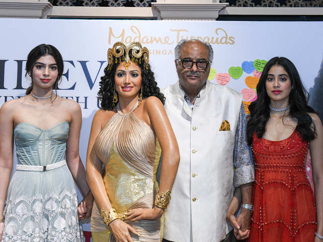 ​Boney Kapoor (second right), and daughters, Janhvi (right) and Khushi (left) unveiled Sridevi's statue ​in Singapore.