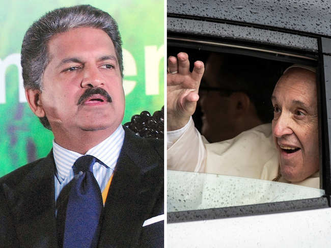 ​Anand Mahindra (L) is a proud boss after Pope Francis (R) rides KUV100 in Mozambique​.