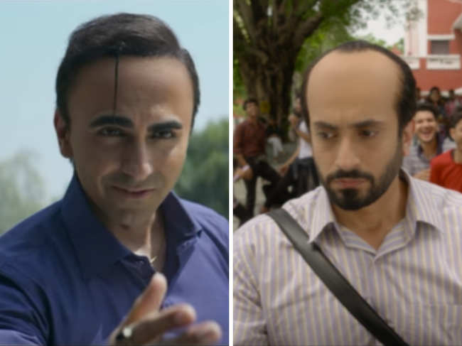 ​Ayushmann Khurrana (left) and Sunny Singh (right) play the roles of men suffering from male pattern baldness. (Image: YouTube/ Panorama Studios, YouTube/ Maddock Films)