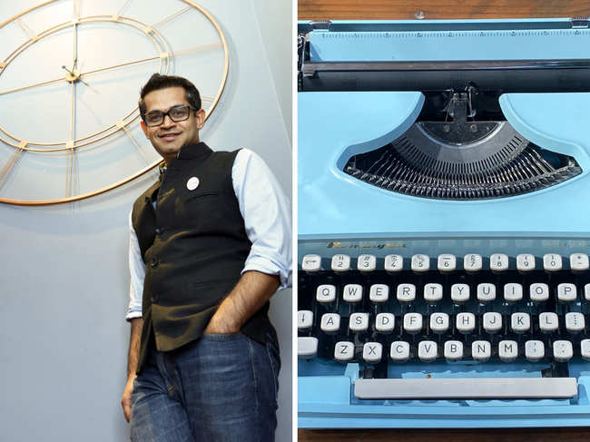 The blue typewriter (right) fits perfectly with the ‘coastal’ theme of Wardhan’s (left) room.