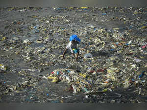 Mumbai: A ragpicker collects reusable waste among a sea of plastic waste washed ...