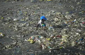 Mumbai: A ragpicker collects reusable waste among a sea of plastic waste washed ...