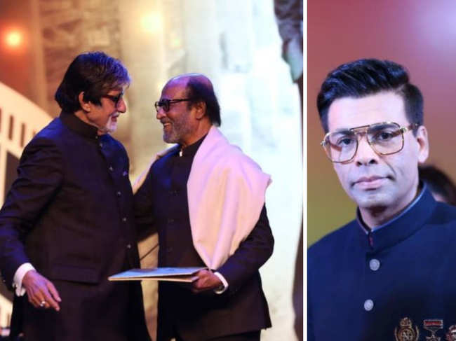 Senior Bachchan honouring Rajinikanth (left) and Karan Johar (right) hosting IFFI 2019.