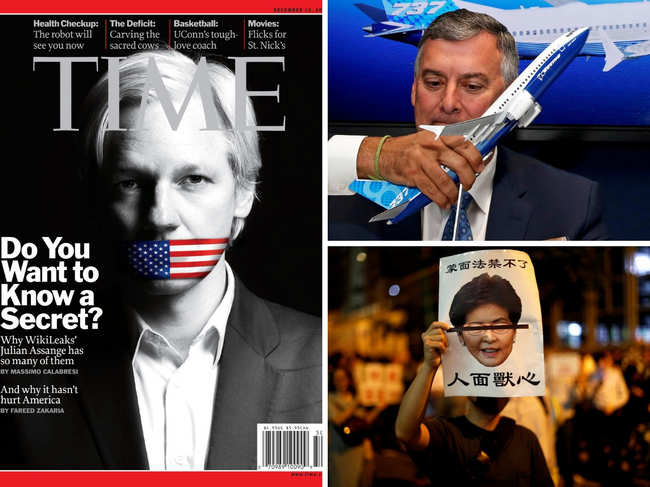From L-R, clockwise: WikiLeaks founder Julian Assange; Kevin McAllister, Boeing Commercial Airplanes CEO; protest against Hong Kong leader Carrie Lam.