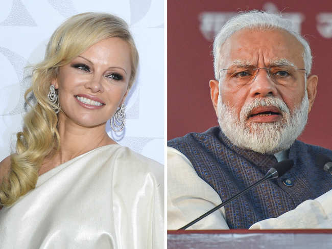 Pamela Anderson (left) urged Narendra Modi (right) to stop serving animal-derived food in government meetings.