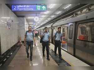 New Delhi: A metro train halts at a station on Dwarka-Najafgarh Metro corridor (...