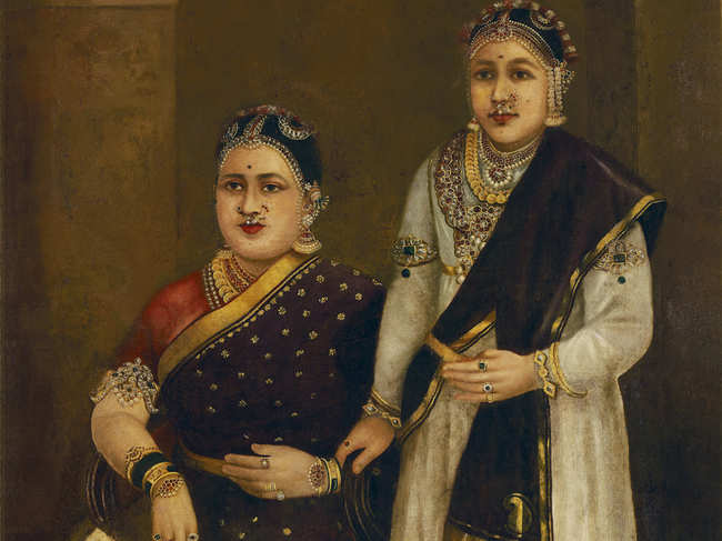 The portrait of H.H Janaki Subbamma Bai Sahib Rani of Puddukkottai (princely state in Tamil Nadu); her Daughter painted by eminent artist Raja Ravi Varma (circa 1886).
